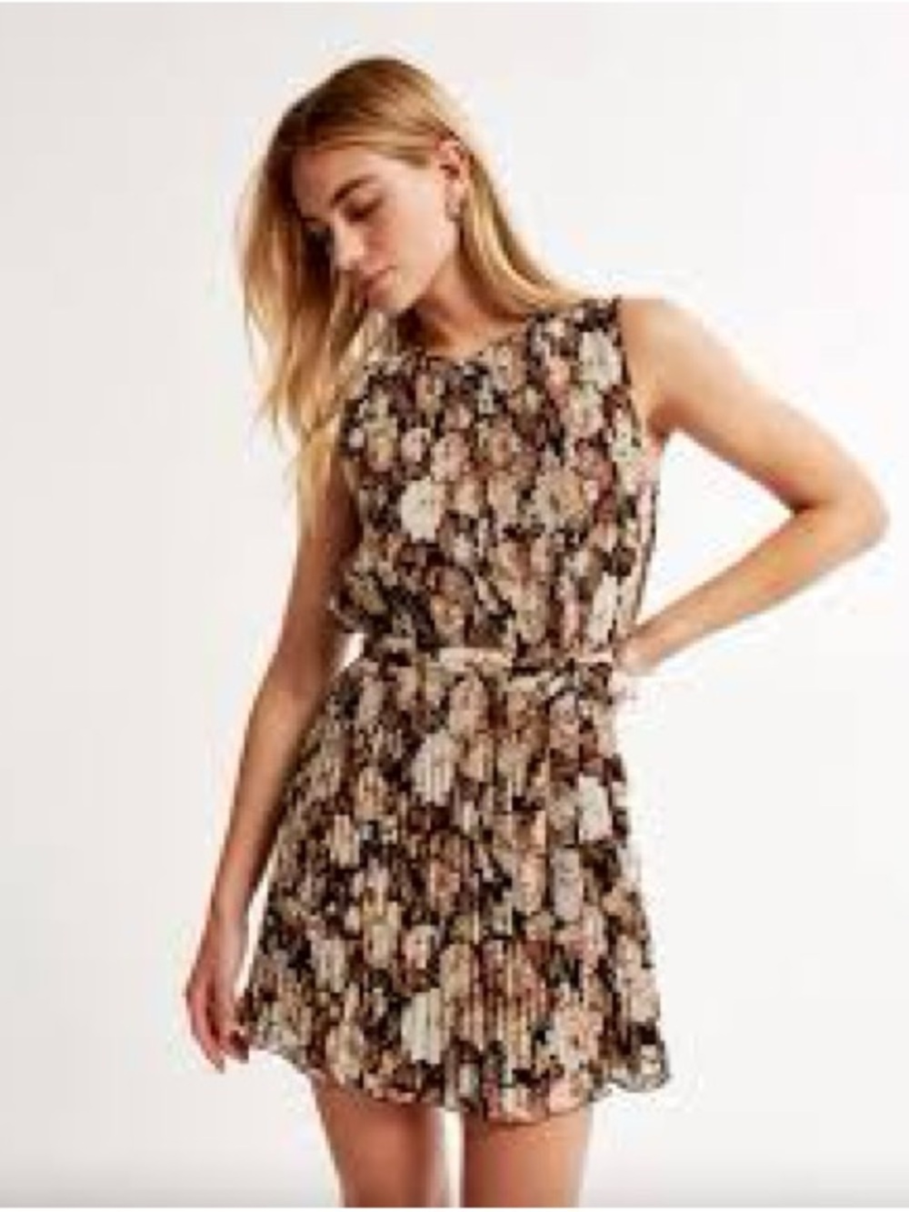 Abercrombie & Fitch Floral Sleeveless Pleated Mini Dress - Beige, Black, Cream